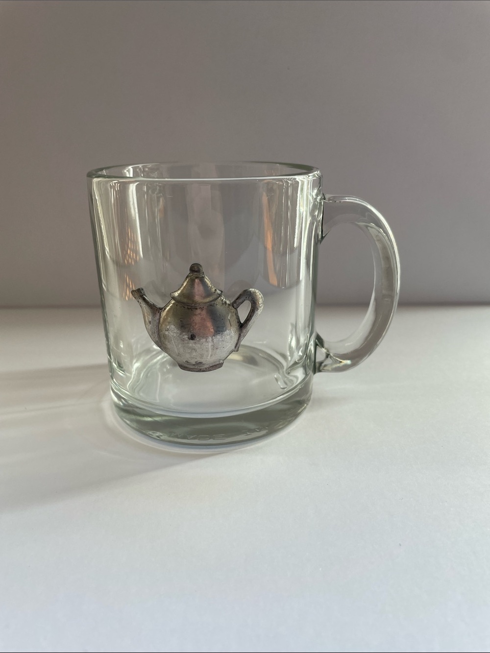 Clear Glass mug with pewter Teapot Accent
